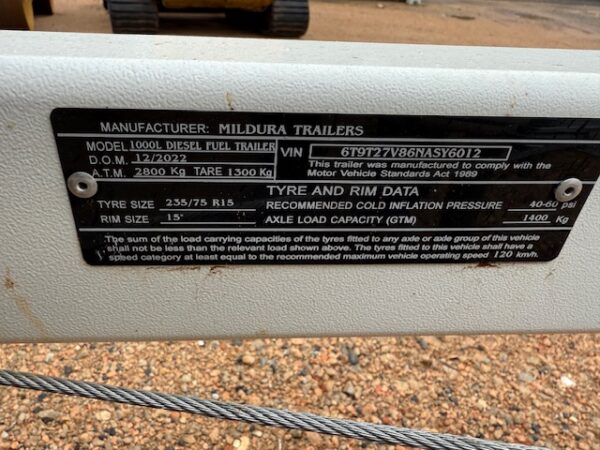2022 Mildura Trailers 1000L Diesel Fuel Trailer - Image 7